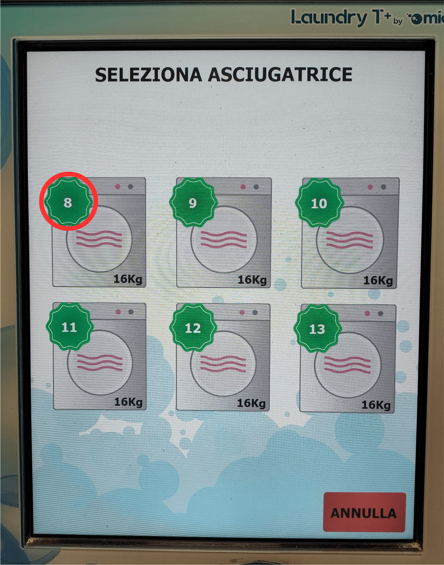 Selezione del numero dell'asciugatore sullo schermo