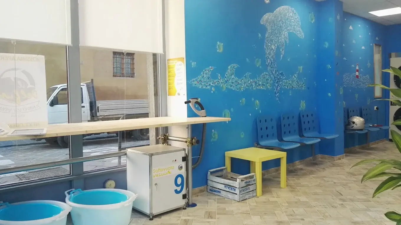 Zona di attesa della lavanderia con sedute, tavolo pieghevole, postazione sottovuoto e il murale del delfino sulla parete azzurra