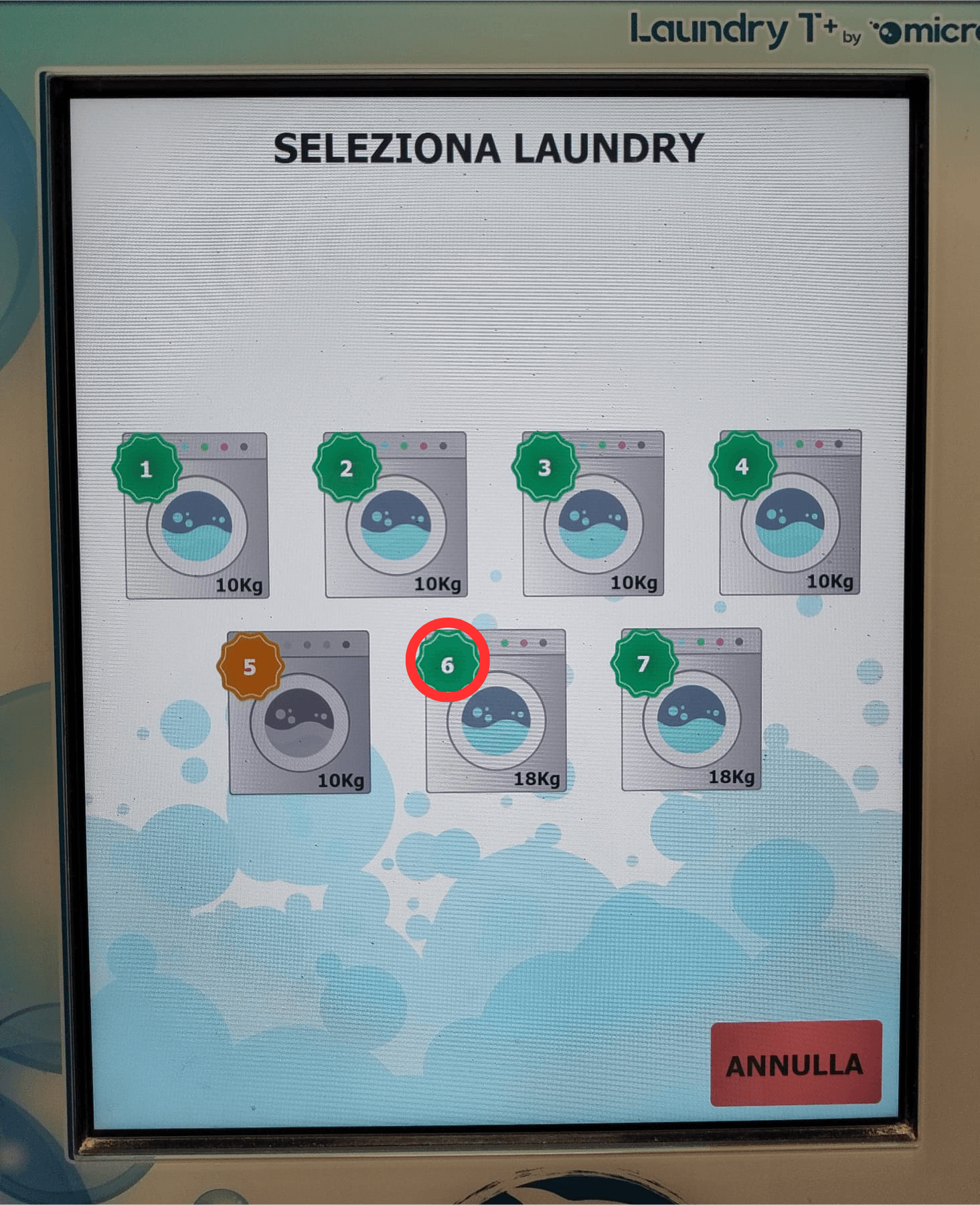 Selezione del numero della lavatrice sullo schermo