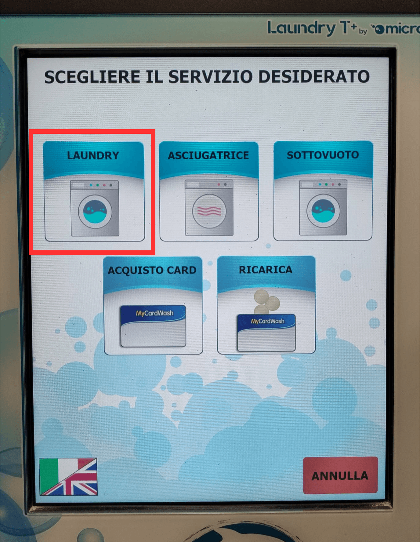 Selezione della voce Laundry sullo schermo